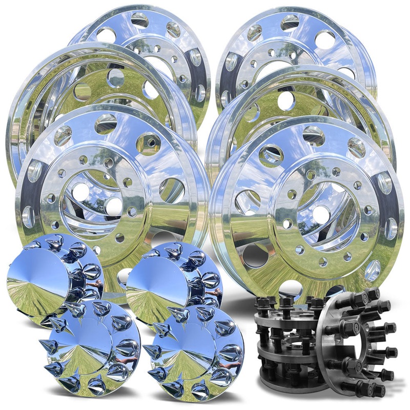 24" Polished Aluminum Wheels w/ Adapter Kit and Chrome Caps (Ford F350 DRW 1998-2004)