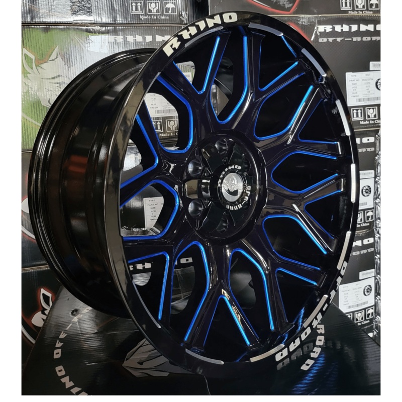 SET OF 5 20X10 RHINO PREDATOR OFFROAD WHEELS BLUE MILLING WINDOW & RIVETS 8X165.1