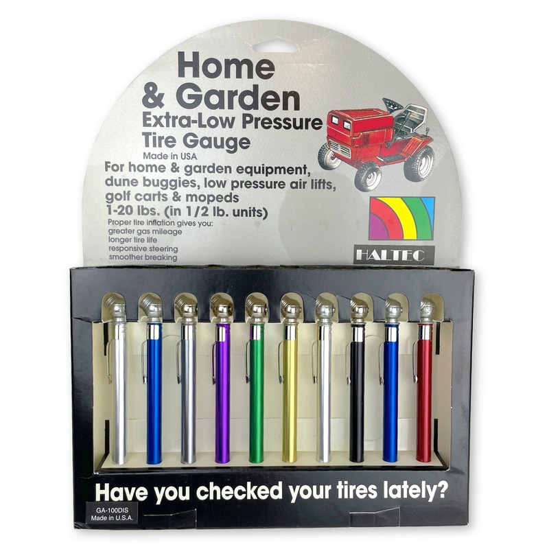 10 Haltec GA-100 pencil tire air gauges with pocket clips and built in deflators for low pressure tires display pack. Measures 1-20psi in 1/2 lb increments and comes with convenient Retail Display Box