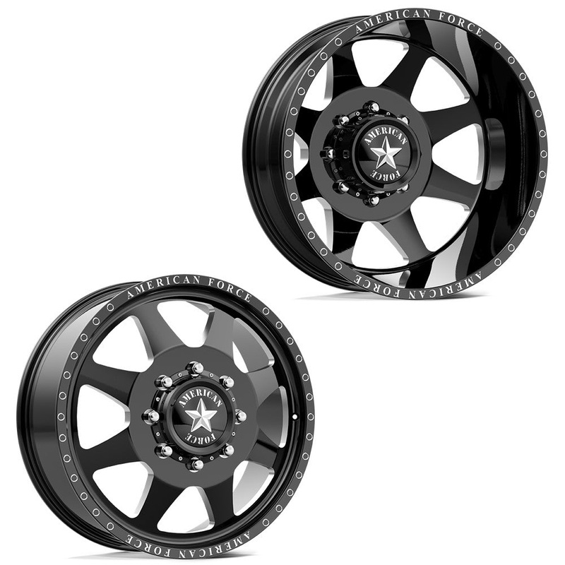 20x8.25 American Force DB02 Monument Gloss Black Milled PRE-99 FORD DUALLY Wheels 8x6.5 Set of 6 (Fits up to 12.50 tire)