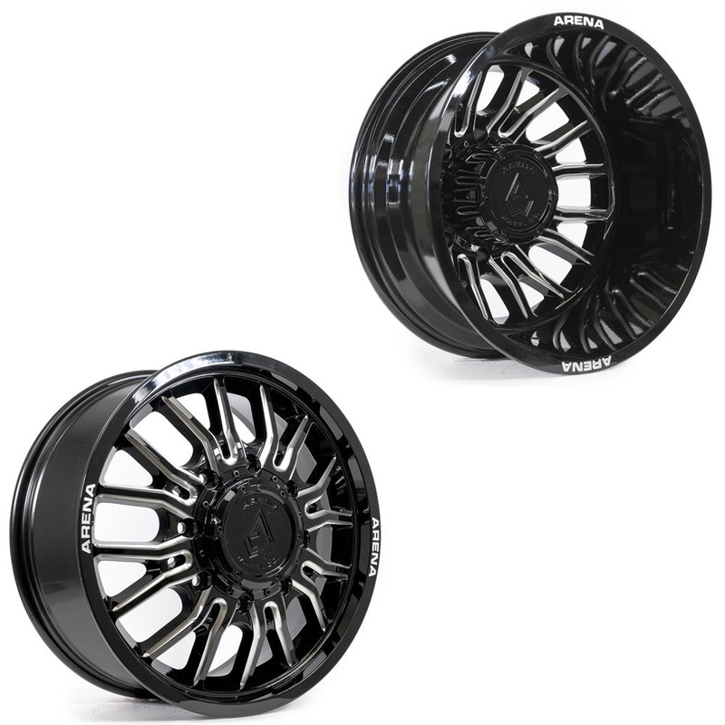 20x8.25 Arena A113 Thunder Gloss Black and Milled 11-UP GM DUALLY Wheels 8x210 Set of 6 (Fits UP to 12.50 tire)
