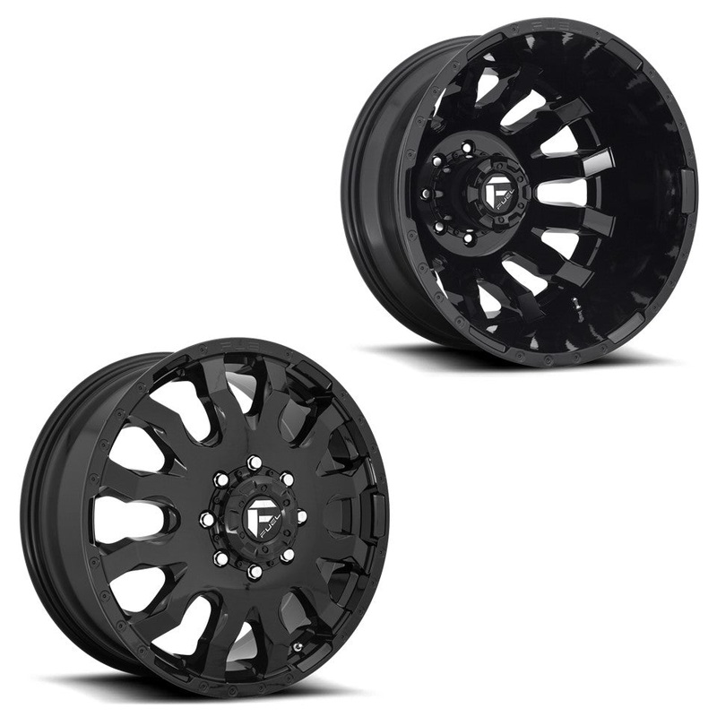 20x8.25 D675 Fuel Blitz Gloss Black 11-UP GM DUALLY Wheels 8x210 Set of 6 (Fits UP to 12.50 tire)