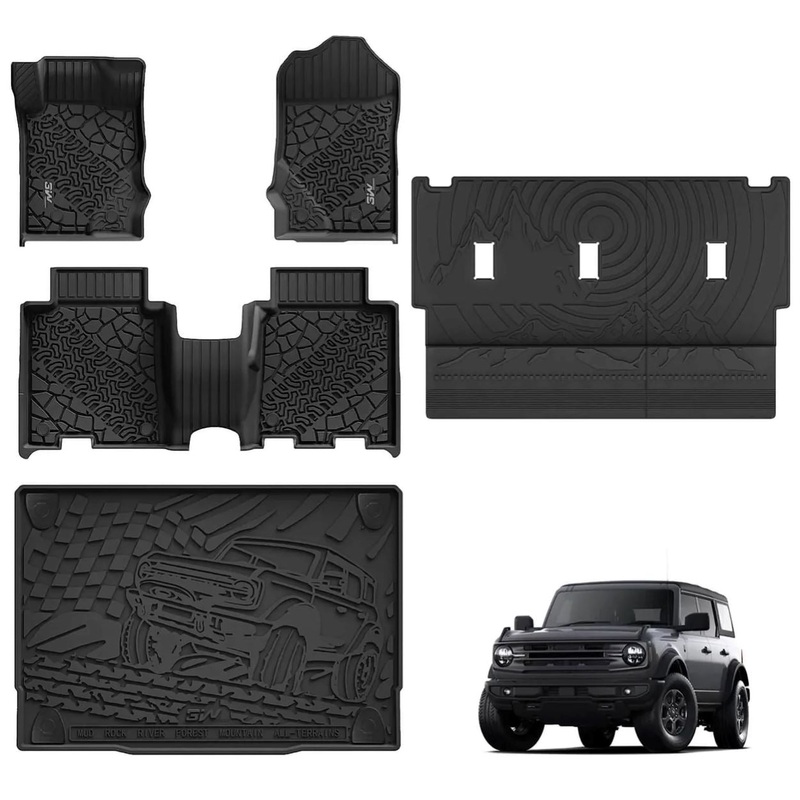 3WLINERS 2021-2024 Ford Bronco 4-Door TPE Material & All-Weather Protection Custom Floor Mats + Trunk Mat + Back Seat Cover