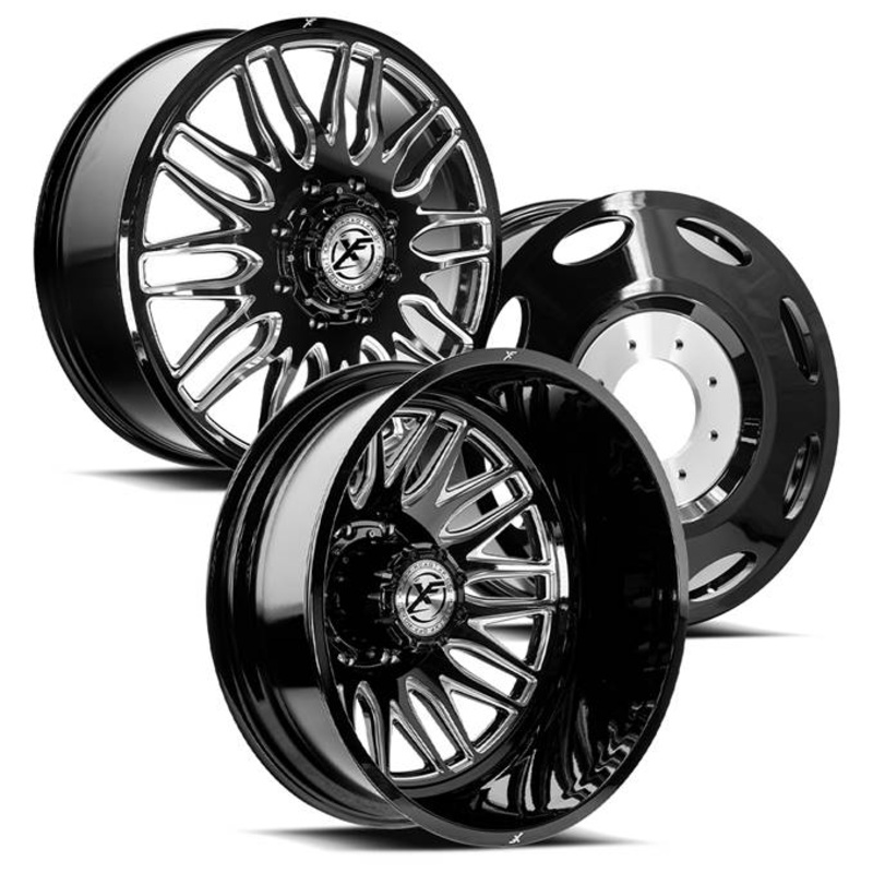 24x8.25 XF Off-Road XF-240 Gloss Black Milled 11-UP GM DUALLY Wheels 8x210 Set of 6 (Fits UP to 13.50 tire)