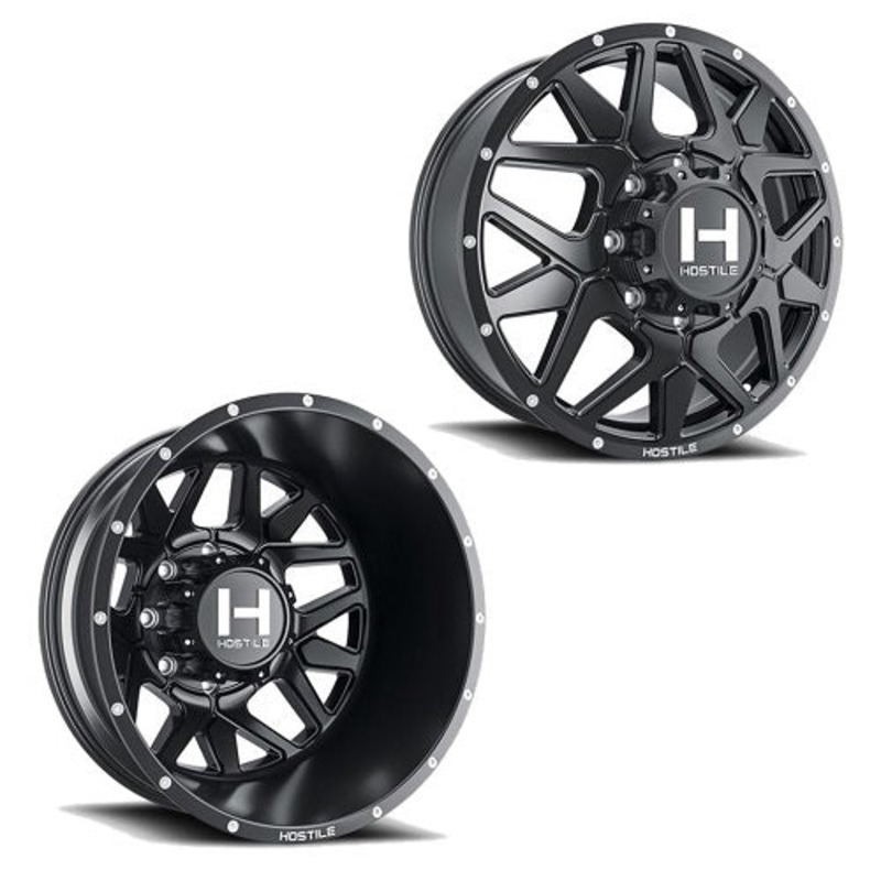 22x8.25 Hostile H402 Diablo Satin Black PRE-11 GM PRE-19 DODGE DUALLY Wheels 8x6.5 Set of 6 (Fits UP to 12.50 tire)
