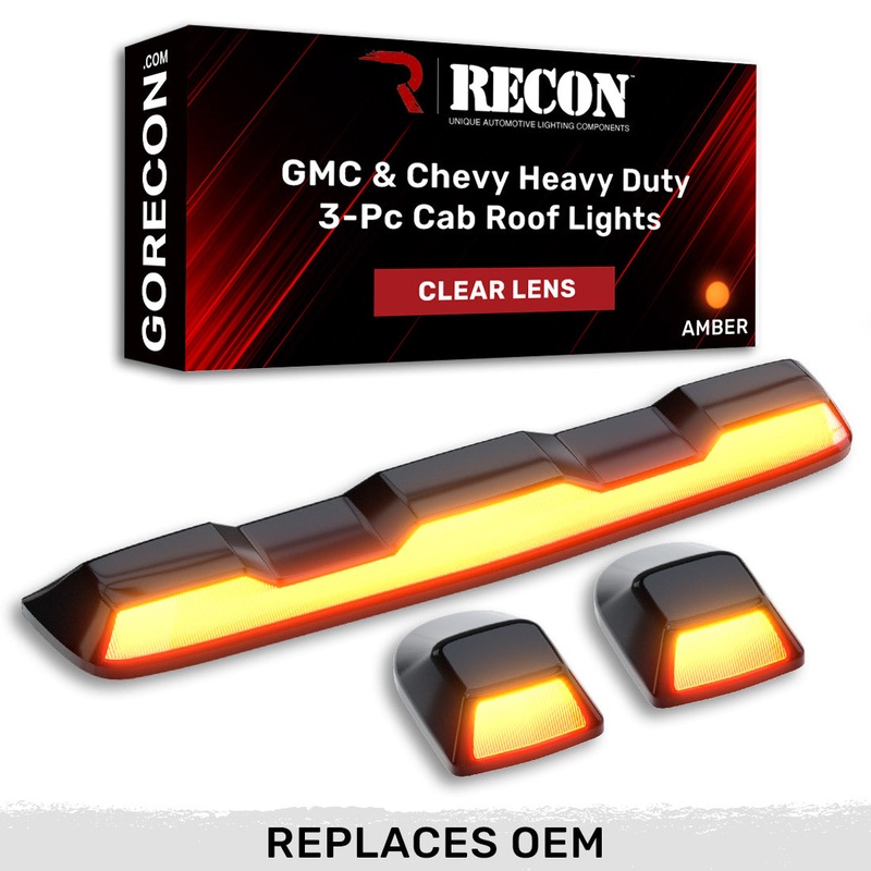 2020-2024 GMC/Chevrolet 2500/3500 RECON Clear Lens (Paintable) Amber LED Cab Lights (Replaces Factory Cab Lights)