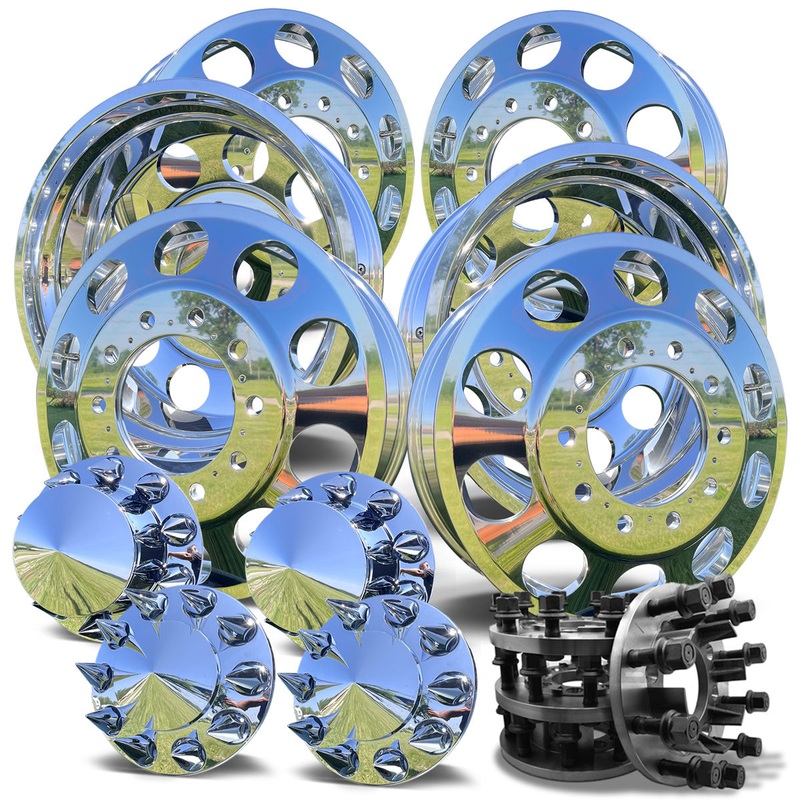 24 Big Hand Hole Forged Wheels & 8-to-10 Lug Adapter Kit  Fits 2005Present Ford F-350 Dually  Mirror Polished (6 Wheels w/ Chrome Caps)