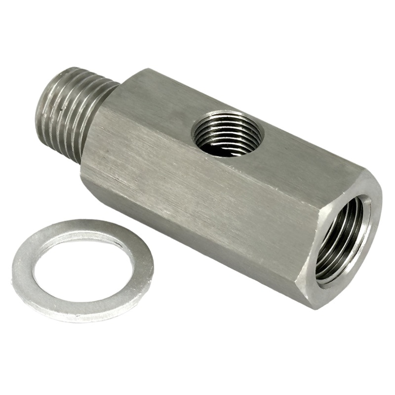 Stainless Steel Oil Pressure T Piece 1/4" NPT  male - 1/4" NPT female - 1/8" NPT female in the side.