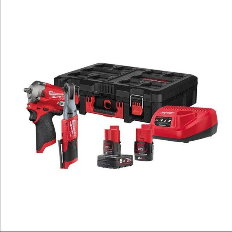 Milwaukee M12 FUEL Powerpack: Impact Wrench & Ratchet Kit with M12 B6 Battery