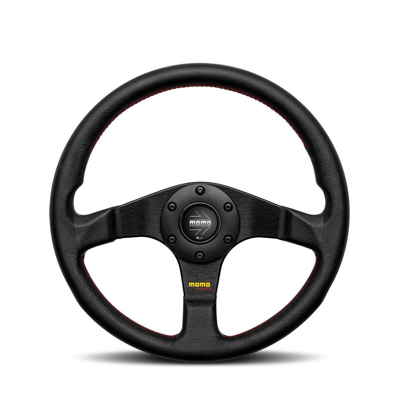 MOMO Tuner 320mm Leather Steering Wheel with Black Spokes & Red Stitching