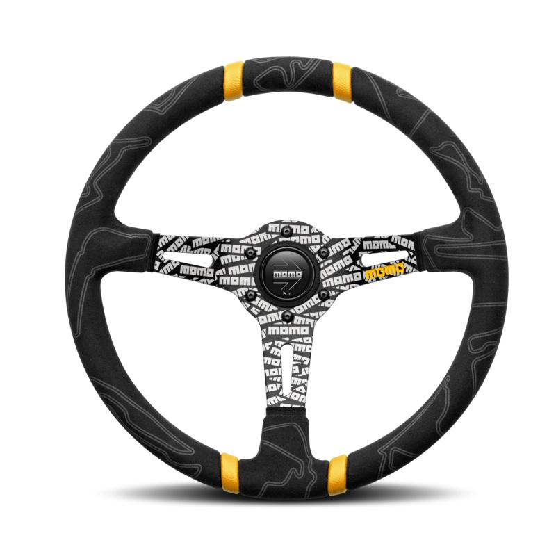 MOMO Ultra Black Alcantara Steering Wheel with Yellow Insert 350mm