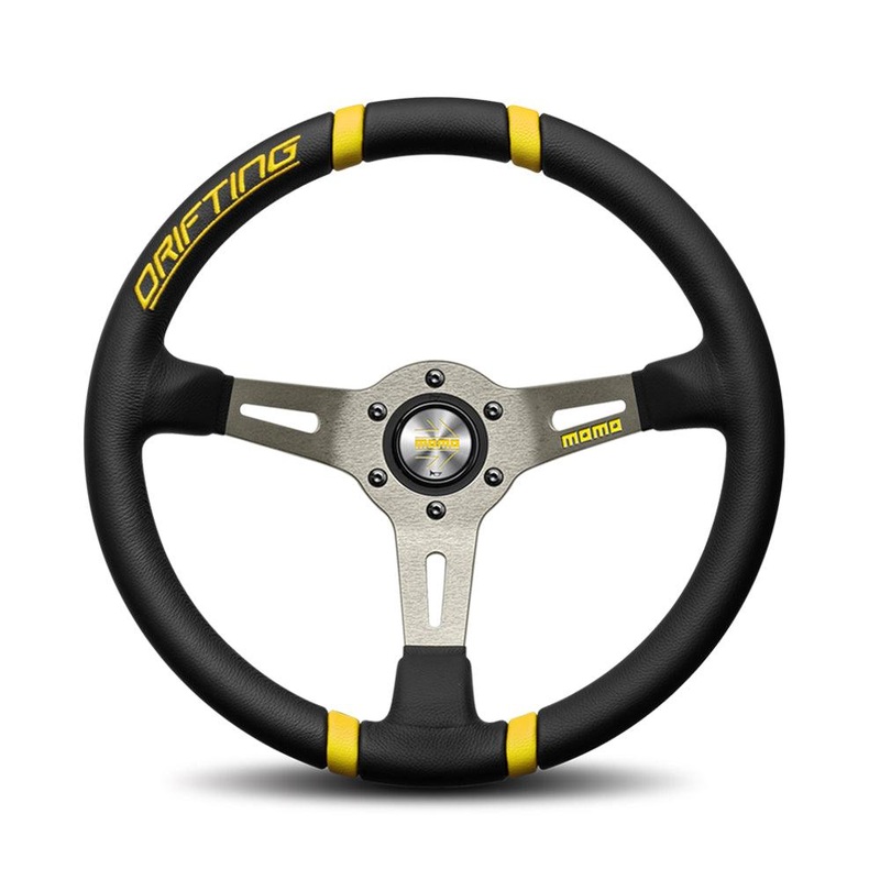 MOMO Drifting Steering Wheel, 350mm Leather, Black with Yellow Inserts
