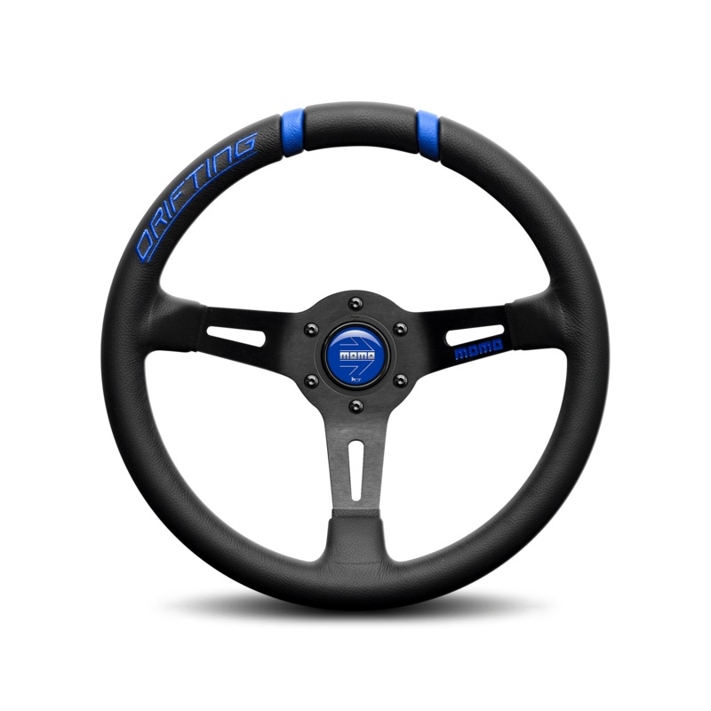 MOMO Drifting Steering Wheel - Black Leather with Blue Inserts - 330mm