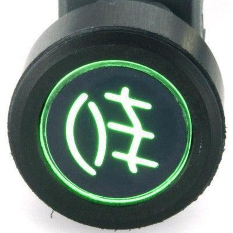 Black Billet Aluminium Front Fog Switch Green Double Pole (6 terminals) Latching (stays on when pushed)