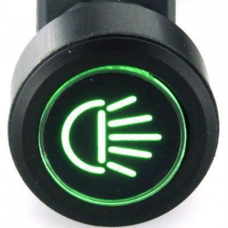 Black Billet Aluminium Headlights Switch Green Double Pole (6 terminals) Latching (stays on when pushed)