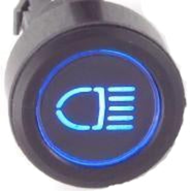 Black Billet Aluminium Main Beam Switch Blue Single Pole (3 terminals) Latching (stays on when pushed)