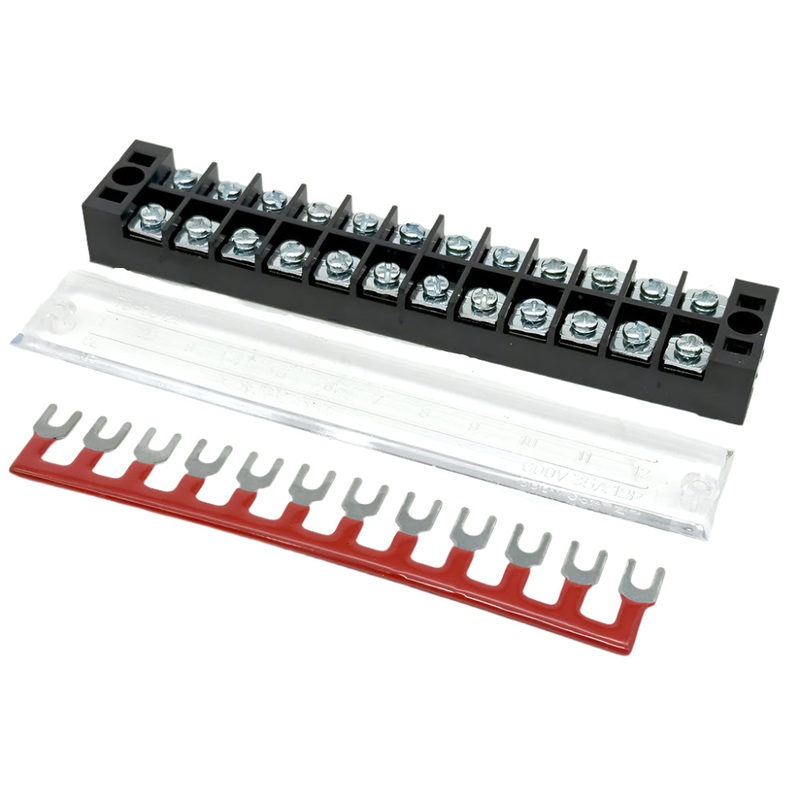 12 Way  35 Amp Distribution Busbar With Cover and Link Strip Red